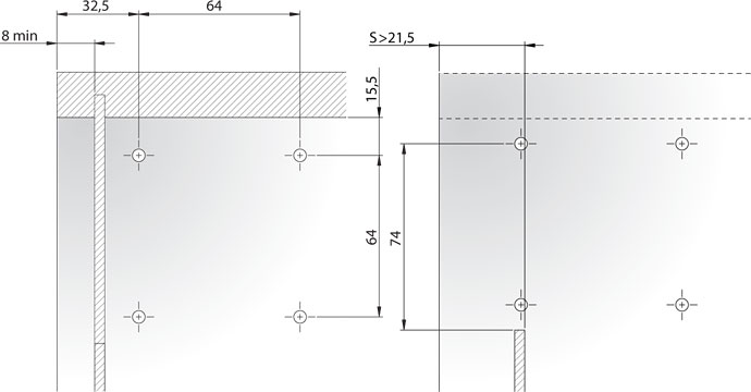 Присадочные размеры мебельного навеса  LIBRA H11 для боковины с использованием заглушки